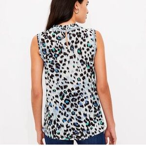 LOFT Black and White Sleeveless Blouse with Mandarin Collar